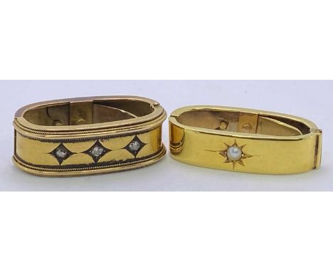 OVAL HINGED SCARF CLIPS (2) - one being15ct with inscription and date for '1902' with three tiny diamonds, 6grms, and an unma
