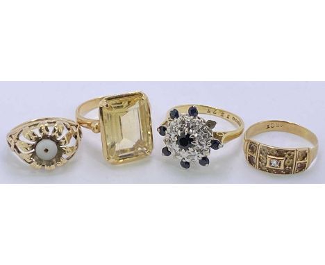 18CT GOLD DRESS RINGS (3) and one 9ct gold dress ring, the first stamped '750' with large smoky quartz type stone, Size Mid M