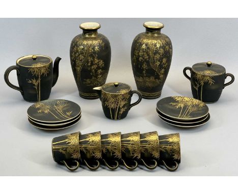 JAPANESE SATSUMA BLACK LACE TEA SERVICE - gilded bamboo shoots and leaves on a black ground, teapot, lidded sugar basin, lidd
