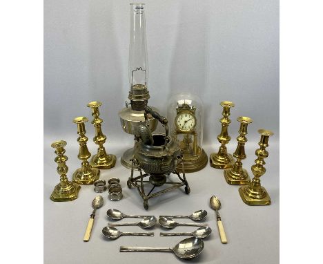 VICTORIAN BRASS CANDLESTICKS, 3 PAIRS, the tallest 22.5cms H, a brass anniversary clock under glass dome, 29cms H, a plated t