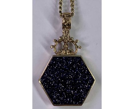 9CT GOLD PENDANT NECKLACE - with lobster clasp, the hexagonal pendant frame mounted with blue gold stone and mother of pearl,