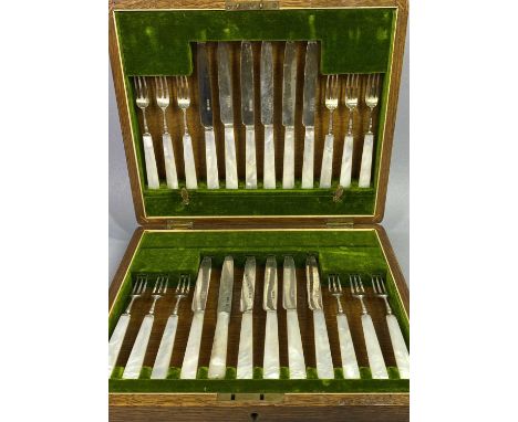 SILVER BLADED &amp; MOTHER OF PEARL CASED SET OF 12 DESSERT KNIVES &amp; 12 FORKS - Sheffield 1913, Maker Watson &amp; Gillot