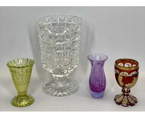 BOHEMIAN OVERLAID RED &amp; CLEAR GLASS GOBLET - with gilded decoration, 13.5cms H, a heavy cut glass vase, 25.5cms H, a Cait