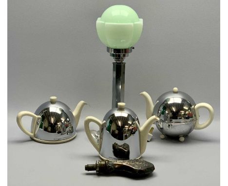 'EVER-HOT' CREAM CERAMIC &amp; CHROME ART DECO 3 PIECE TEA SERVICE, an Art Deco table lamp with chrome column and green opaqu
