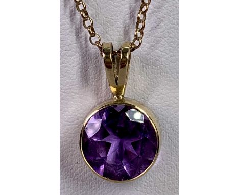 9CT GOLD PRINCESS CUT CIRCULAR AMETHYST PENDANT - on a belcher chain necklace, the pendant stamped '9ct', necklace 9-375, 25c
