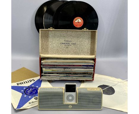 APPLE IPOD CLASSIC - 60GB, accompanying speaker and a quantity of LP records in a vintage case