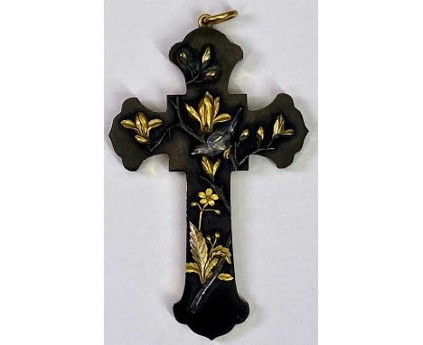 RARE JAPANESE SHAKUDO FLEURY CROSS, MEIJI PERIOD (1868-1912), mixed metals having a bird amongst blossoming branches in relie