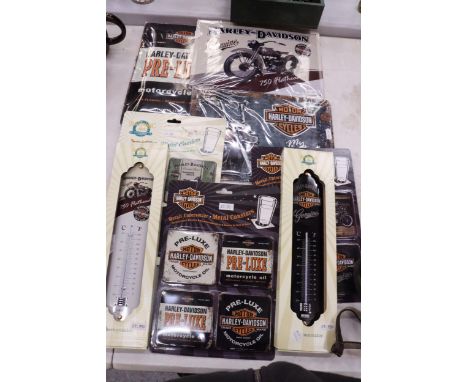 A QUANTITY OF NEW AND SEALED "HARLEY DAVIDSON" REALTED  ITEMS TO INCLUDE METAL COASTER, THERMOMETERS PLUS THREE METAL WALL SI