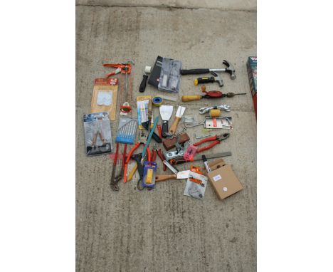 AN ASSORTMENT OF TOOLS TO INCLUDE DRILL BITS, PLIERS AND HAMMERS ETC