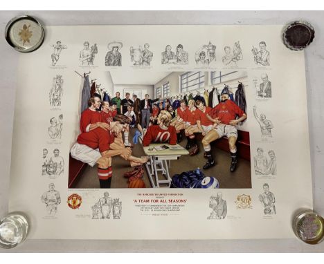 A LIMITED EDITION PENCIL SIGNED MANCHESTER UNITED  LITHOGRAPH 'A TEAM FOR ALL SEASONS' PUBLISHED TO COMMEMORATE THE 50TH ANNI