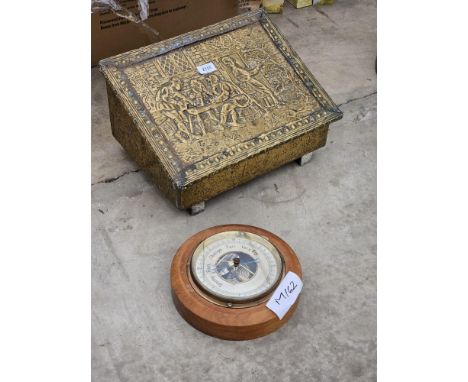 TWO ITEMS TO INCLUDE A VINTAGE BRASS COAL BOX AND A CIRCULAR VINTAGE OAK CASED BAROMETER 
