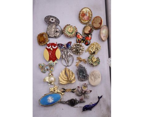 A LARGE QUANTITY OF VINTAGE BROOCHES (25)  TO INCLUDE AN ENAMEL OWL, BUTTERFLY WITH TURQUOISE STONES, NAPIER PEARL BIRD BROOC