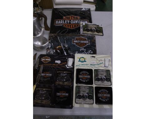 TWO METAL HARLEY-DAVIDSON SIGNS, A METAL CARD AND TWO PACKETS OF HARLEY-DAVIDSON METAL COASTERS - ALL AS NEW IN PACKAGING