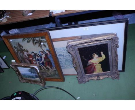 FOUR FRAMED PRINTS PLUS A RELIGIOUS TAPESTRY 