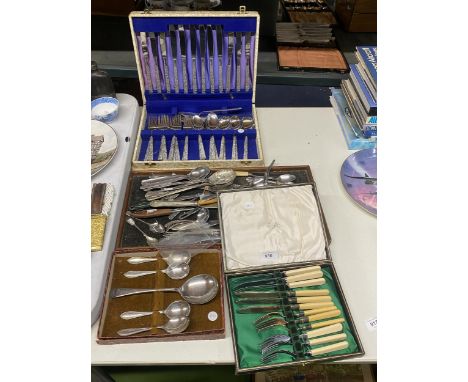 THREE BOXES OF VINTAGE FLATWARE PLUS A QUANTITY OF LOOSE FLATWARE INCLUDING SUGAR TONGS, BERRY SPOONS, ETC