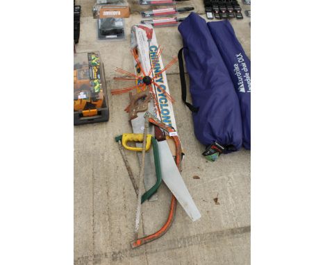 AN ASSORTMENT OF TOOLS TO INCLUDE SAWS AND A CHIMNEY CYCLONE 