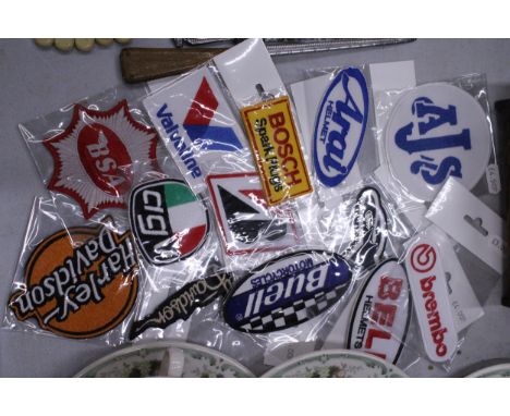 A QUANTITY OF AS NEW, CLOTH SEW-ON BADGES TO INCLUDE VALVOLINE, BSA, HARLEY-DAVIDSON, ETC.,