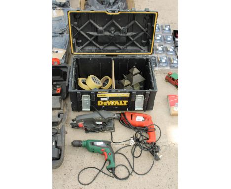 A PLASTIC DEWALT TOOL BOX AND THREE POWER TOOLS TO INCLUDE DRILLS AND A SANDER ETC 