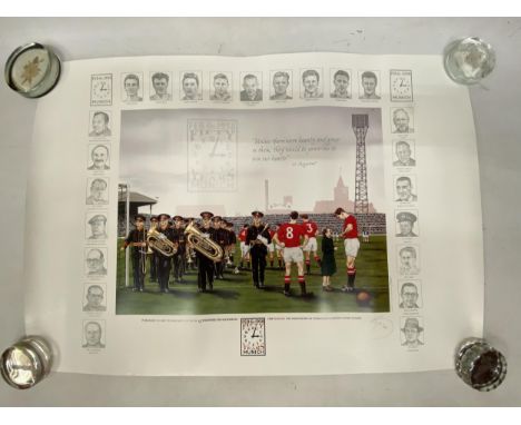 A LIMITED EDITION PENCIL SIGNED MANCHESTER UNITED  LITHOGRAPH 'FIFTY YEARS MUNICH' PUBLISHED TO COMMEMORATE THE 50TH ANNIVERS
