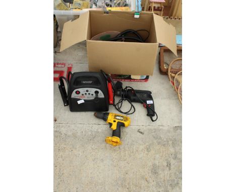 AN ASSORTMENT OF POWER TOOLS TO INCLUDE A DEWALT DRILL AND A CAR JUMP STARTER ETC 