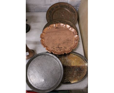 FIVE VINTAGE TRAYS/WALL PLAQUES - 3 COPPER INCLUDING ONE WITH AN IMAGE OF STEPHENSON'S ROCKET, A GALLERIED SILVER PLATE TRAY 