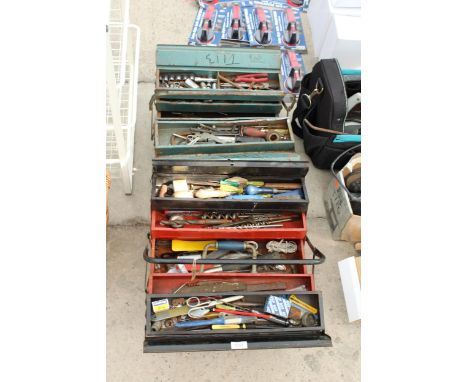 THREE METAL TOOL BOXESWITH A LARGE ASSORTMENT OF TOOLS TO INCLUDE DRILL BITS, SOCKETS AND SCREW DRIVERS ETC
