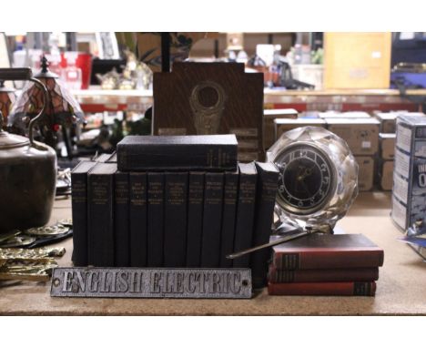 A MIXED LOT TO INCLUDE A COLLECTION OF ALEXANDER DUMAS BOOKS, A MANTLE CLOCK, ETC