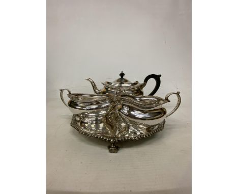 A HALLMARKED LONDON TEASET COMPRISING OF A TEAPOT, SUGAR BASIN AND MILK JUG ON A HALLMARKED BIRMINGHAM SILVER TRAY GROSS WEIG