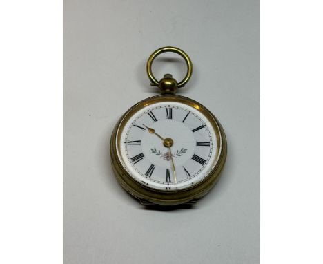 A LADIES POCKET WATCH WITH A DECORATIVE WHITE ENAMEL FACE AND ROMAN NUMERALS SEEN WORKING BUT NO WARRANTY GIVEN 