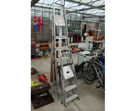 THREE VARIOUS STEP LADDERS TO INCLUDE A 6 RUNG ALUMINIUM EXAMPLE 