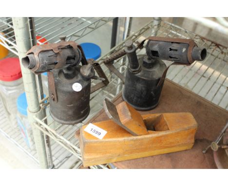 TWO VINTAGE PARAFIN BLOW TORCHES AND A WOOD PLANE 