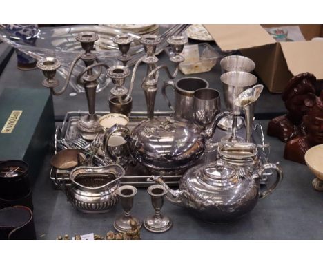 A TRAY OF SILVERPLATED WARE TO INCLUDE CANDLEABRAS, GOBLETS, TANKARDS, TEAPOT, ETC.,