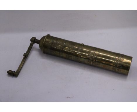 A VINTAGE GREEK BRASS COFFEE GRINDER WITH ORNATE FLOWER AND GRAPE ETCHING 