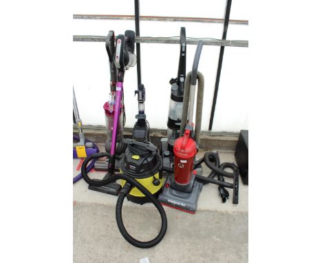 FIVE VARIOUS VACUUM CLEANERS TO INCLUDE SHARK AND A VAX CARPET CLEANER 