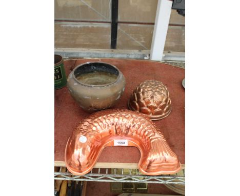THREE METAL WARE ITEMS TO INCLUDE A BRASS PLANTER AND TWO COPPER MOLDS 