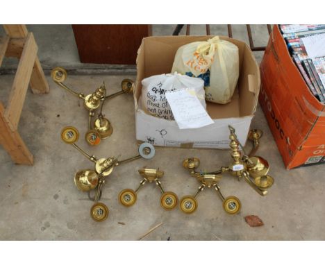 THREE BRASS CEILING LIGHT FITTINGS, TWO WALL FITTINGS AND DECORATIVE GLASS LIGHT SHADES