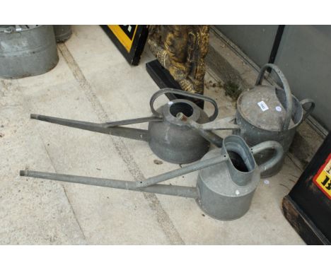 THREE VINTAGE GALVANISED WATERING CANS TO INCLUDE TWO WITH LONG SPOUTS 