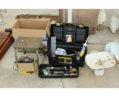 AN ASSORTMENT OF ITEMS TO INCLUDE A BATTERY CHARGER, TOOLS AND A SET OF SCALES ETC