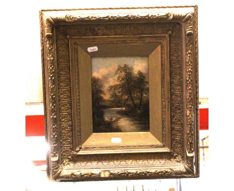 AN OIL ON BOARD OF A RIVER SCENE, SIGNED R HULL, IN A VINTAGE ORNATE GILT FRAME