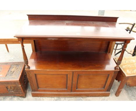 A 19TH CENTURY MAHOGANY BUFFET SIDEBOARD WITH CUPBOARDS TO BASE WITH TURNED AND FLUTED COLUMNS, 46" WIDE