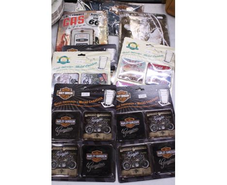 FIVE, AS NEW IN PACKAGING, SETS OF HARLEY-DAVIDSON AND ROUTE 66 METAL COASTERS PLUS THREE METAL SIGNS