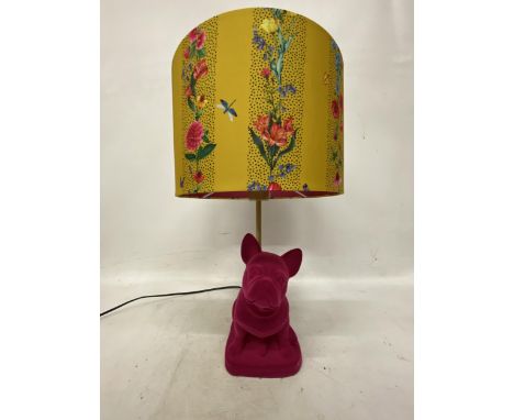 A BULLDOG LAMP COVERED IN DEEP PINK FLOCK WITH DECORATIVE SHADE 