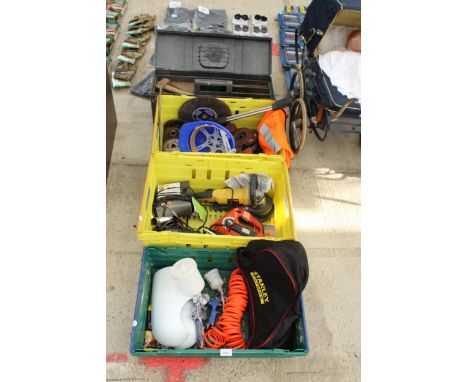 AN ASSORTMENT OF TOOLS TO INCLUDE A BLACK AND DECKER JIGSAW, SPRAYER COMPRESSOR ATTATCHMENTS AND GRINDING DISCS ETC
