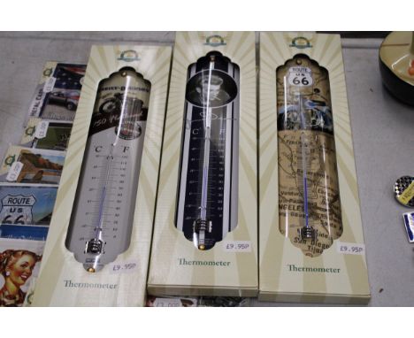 THREE THEMED WALL THERMOMETERS TO INCLUDE HARLEY-DAVIDSON, JAMES DEAN AND ROUTE 66