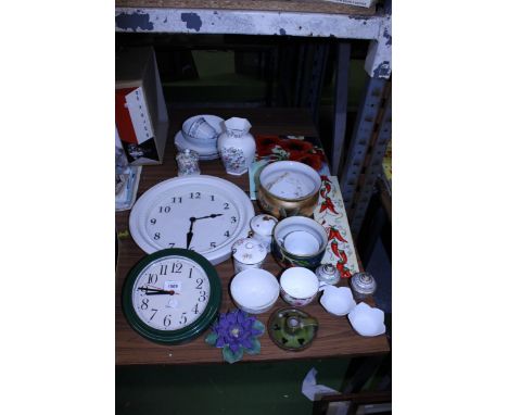 A LARGE MIXED LOT TO INCLUDE WALL CLOCKS, AYNSLEY, CROWN STAFFORDSHIRE, HAMMERSLEY CERAMICS, TUBE LINED WALL TILES, ETC