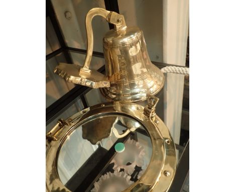 Vintage style brass ships bell and matching porthole mirror 