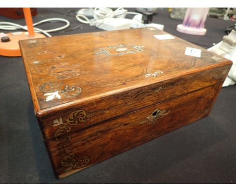 Vintage oak box with mother of pearl and brass inlay 