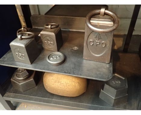 Avery 5 x 9 K11 GPO scales and a set of war department weights and further metric weights