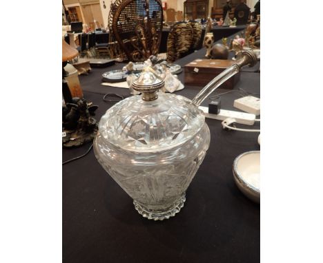 Large Victorian cut glass lidded punch bowl with glass ladle  H: 35 cm CONDITION REPORT: The Ladle bowl is separated from the