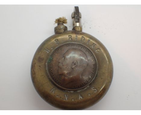 WWI souvenir brass lighter with penny and French coin 